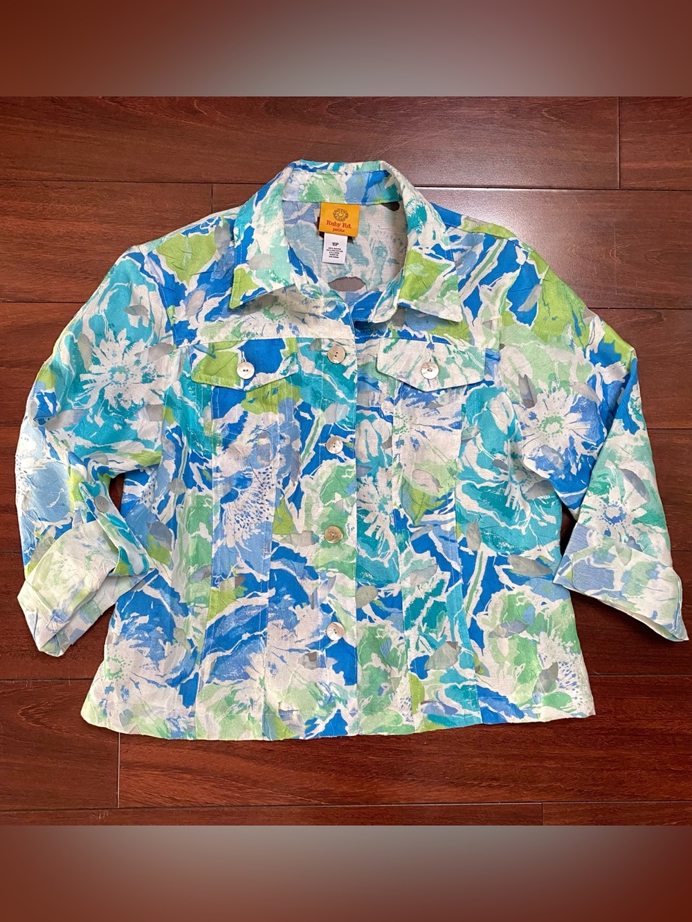 Ruby Rd Road Women's Overshirt Shirt Jacket Button Up Mesh Size 10P Blue Green